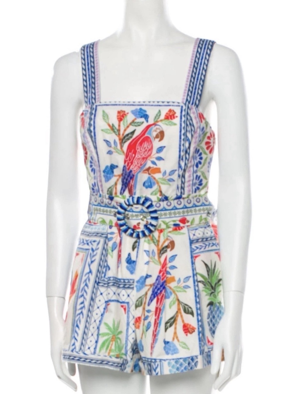 FARM Rio NWT Tropical Tiles Romper Tropical Macaw Shorts Cotton Beaded Size M